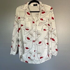 Milk & Honey White Button Up Shirt Lips Long Sleeve Size Medium